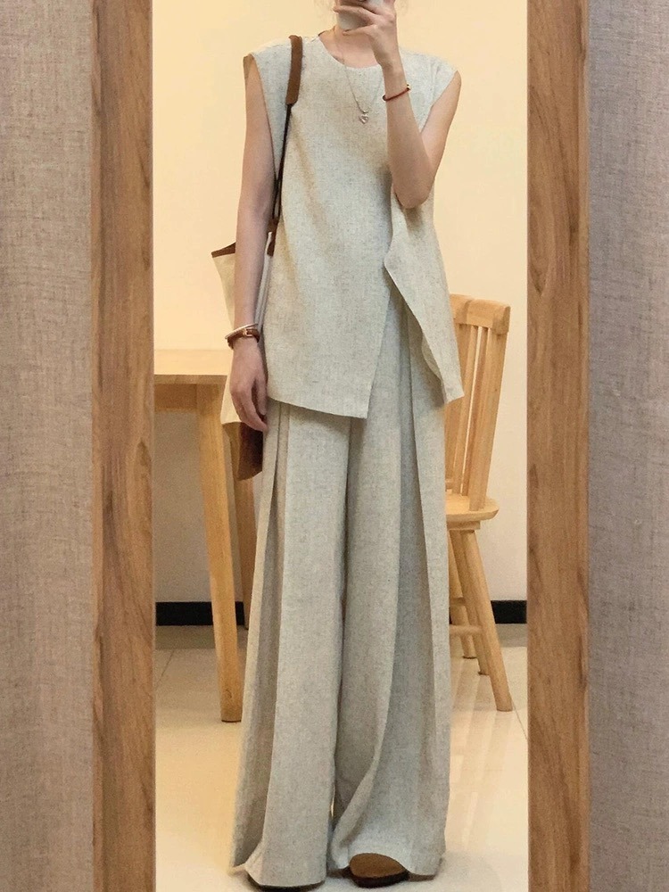 Linen Pant Wide - Summer Women's Cotton Linen Asymmetrical Tank