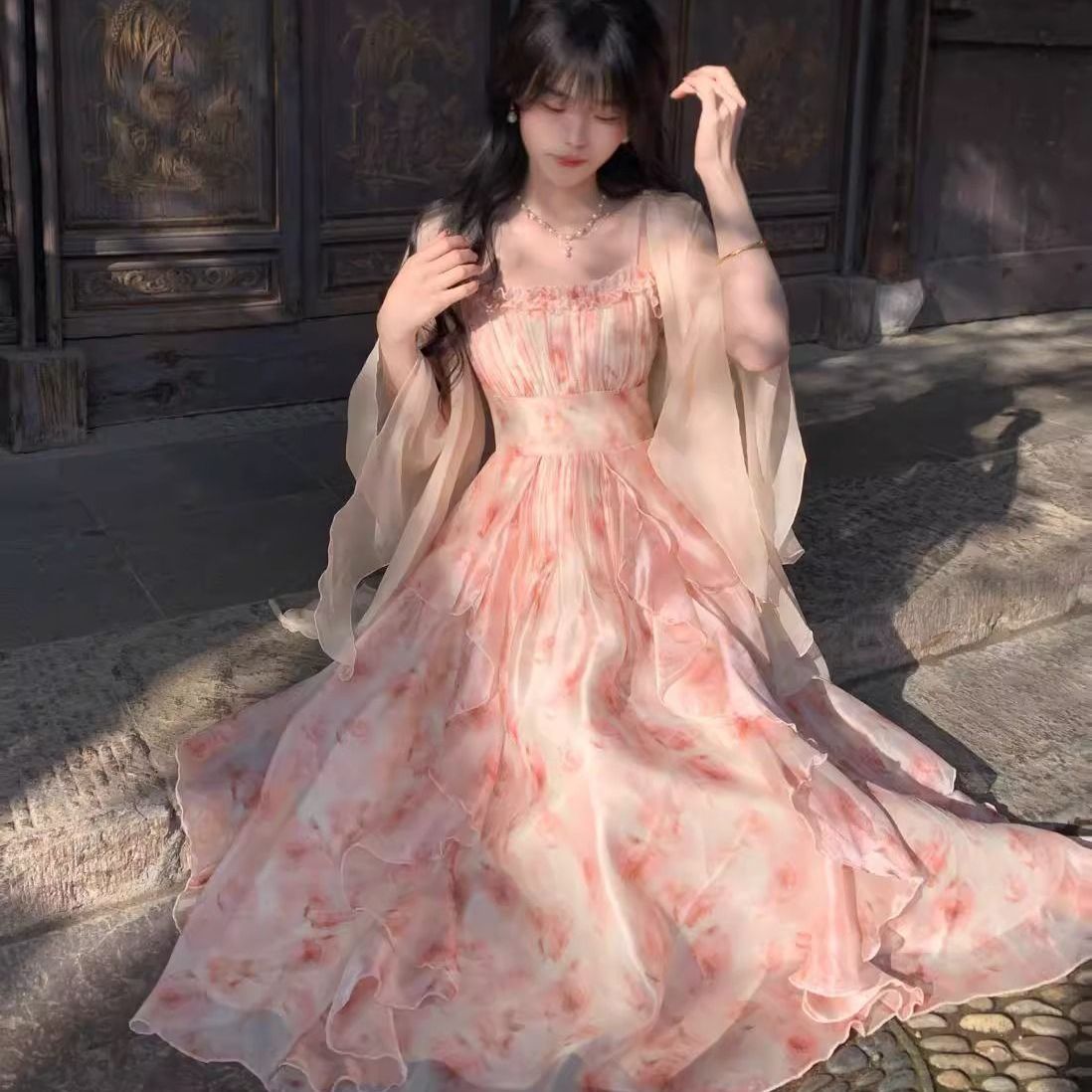 Women Watercolor Peach Floral  - đánh giá và giá Kimono Sheer Floral