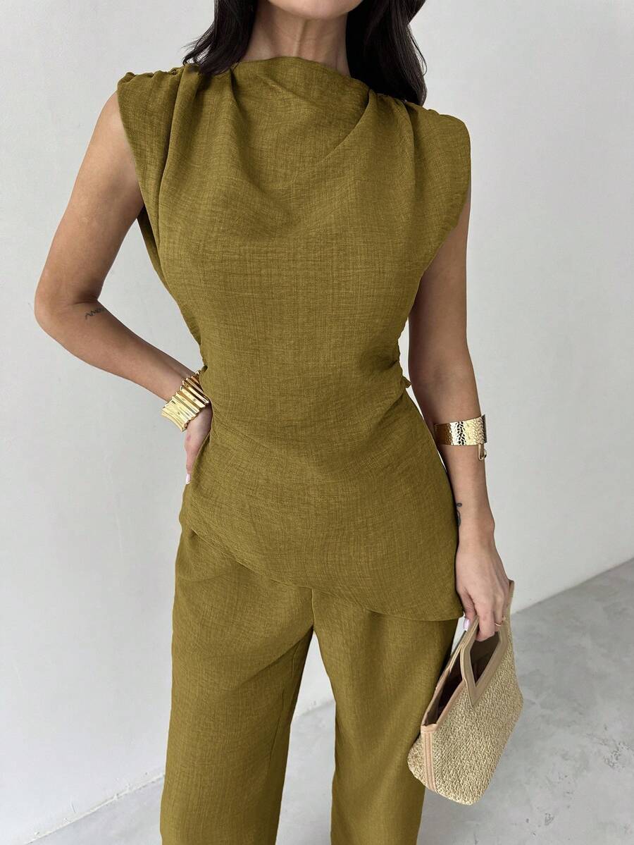 Sleeveless Asymmetric Ruched W - đánh giá và giá Linen Pant Wide