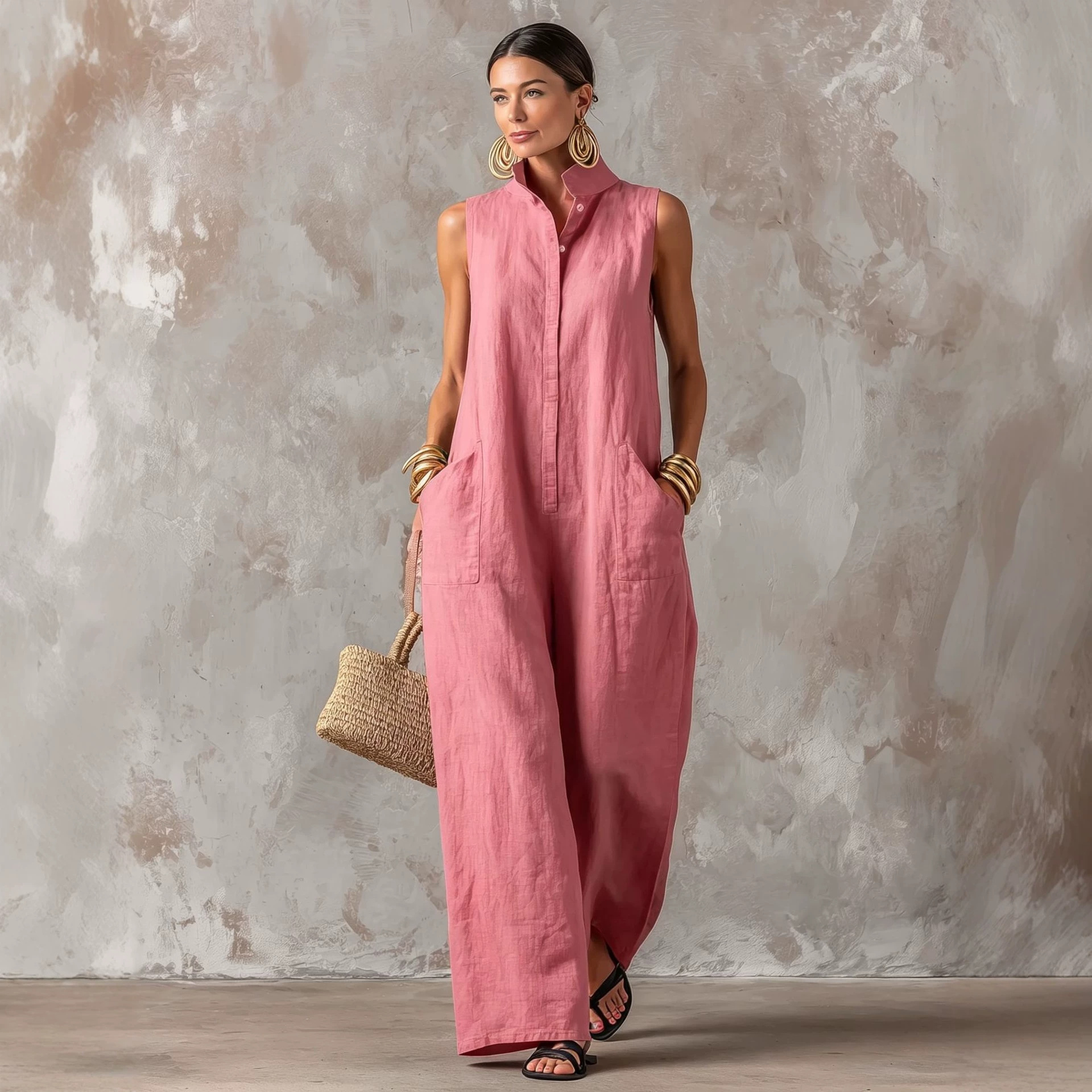 Linen Blend Jumpsuit Sleeveles - đánh giá và giá Jumpsuit Linen Relaxed