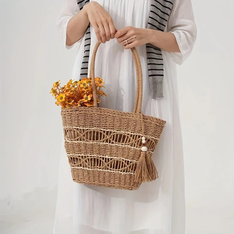 Hollow-Shoulder Straw Tote Bag - đánh giá và giá Tote Bag Beach
