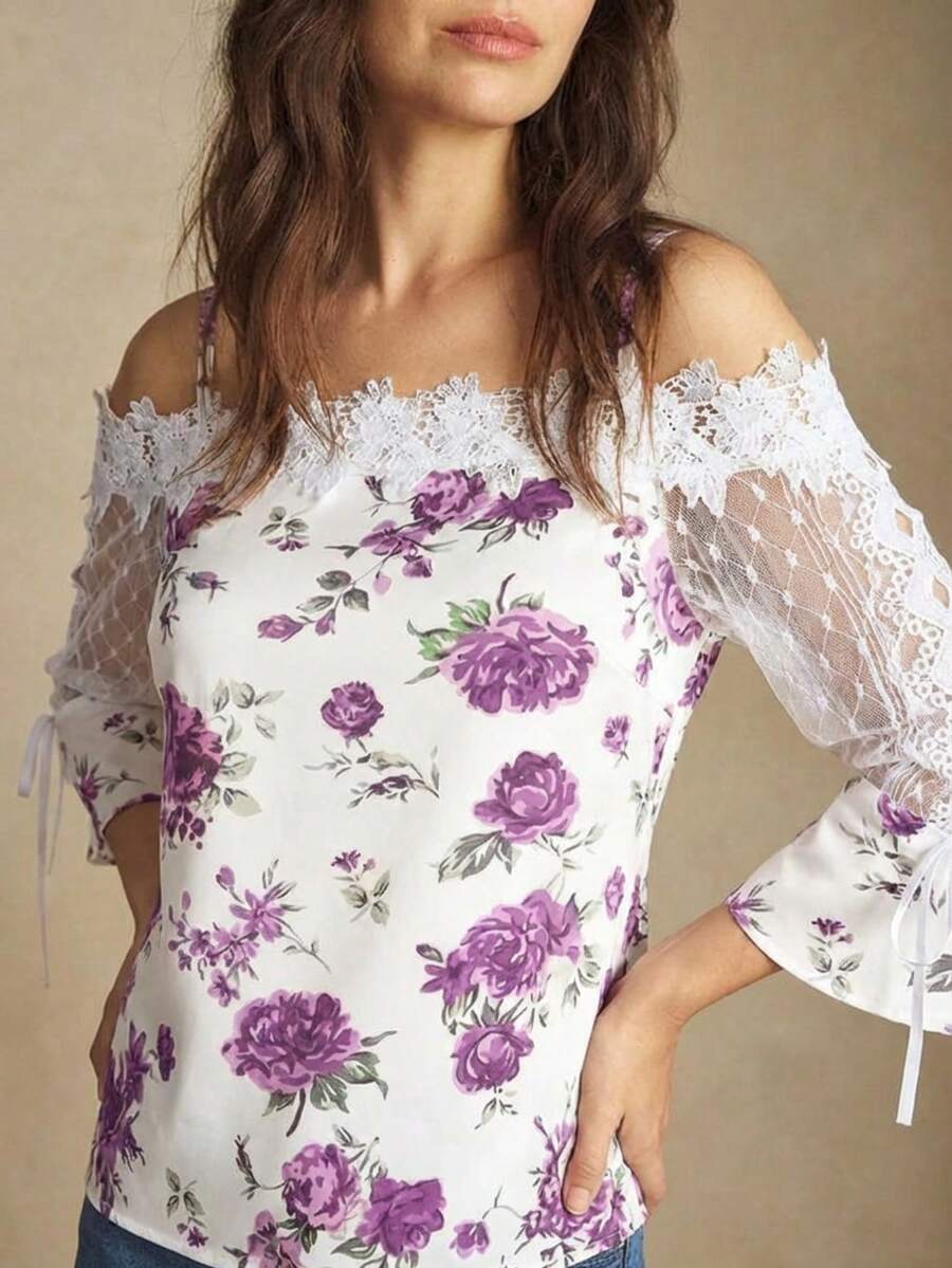 Purple Floral Print Off Should - đánh giá và giá Blouse Off Shoulder