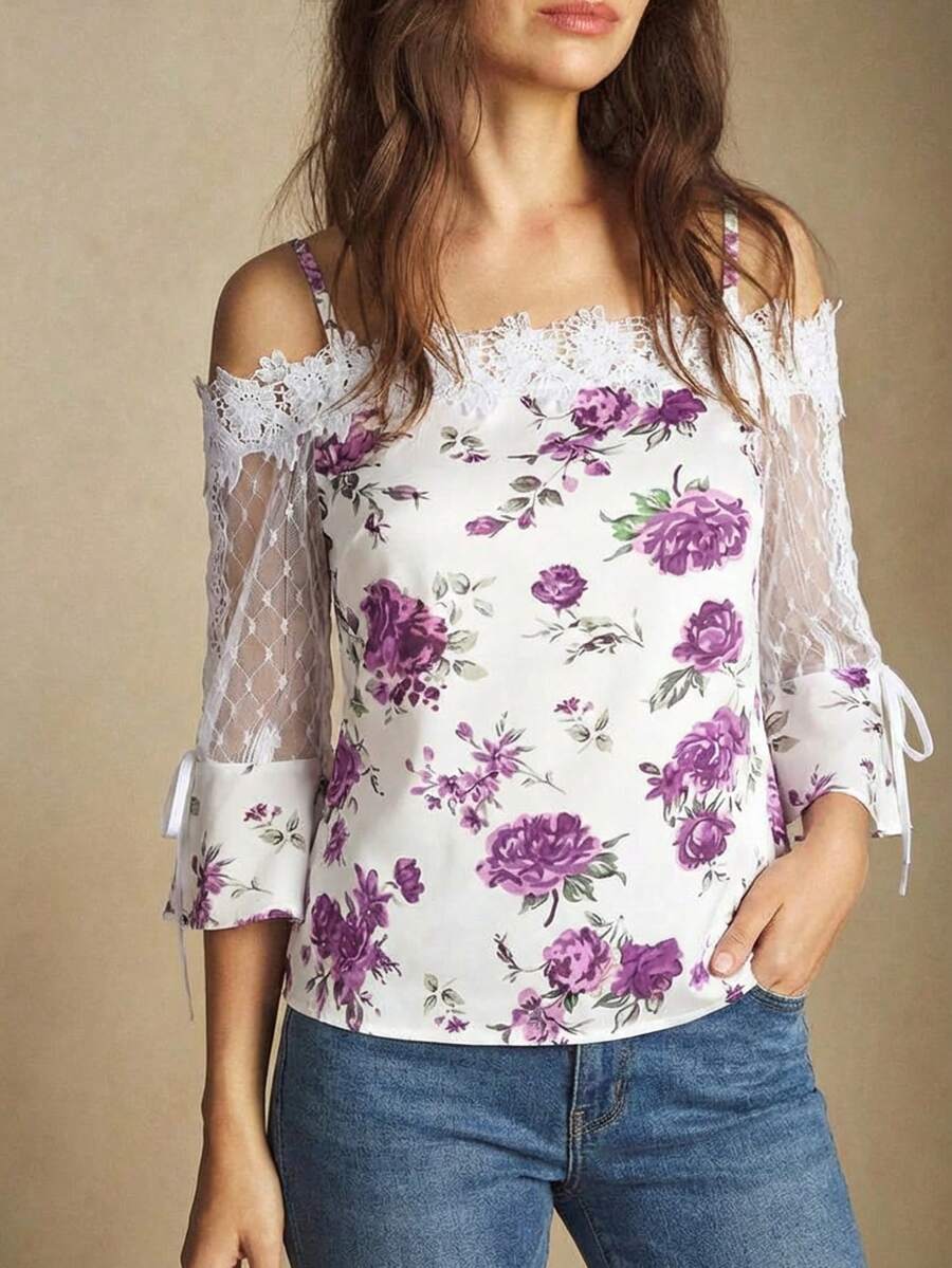 Purple Floral Print Off Should - đánh giá và giá Blouse Off Shoulder