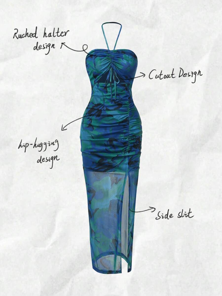 Halter Neck Pleated Mesh Print - đánh giá và giá Maxi Dress Halter